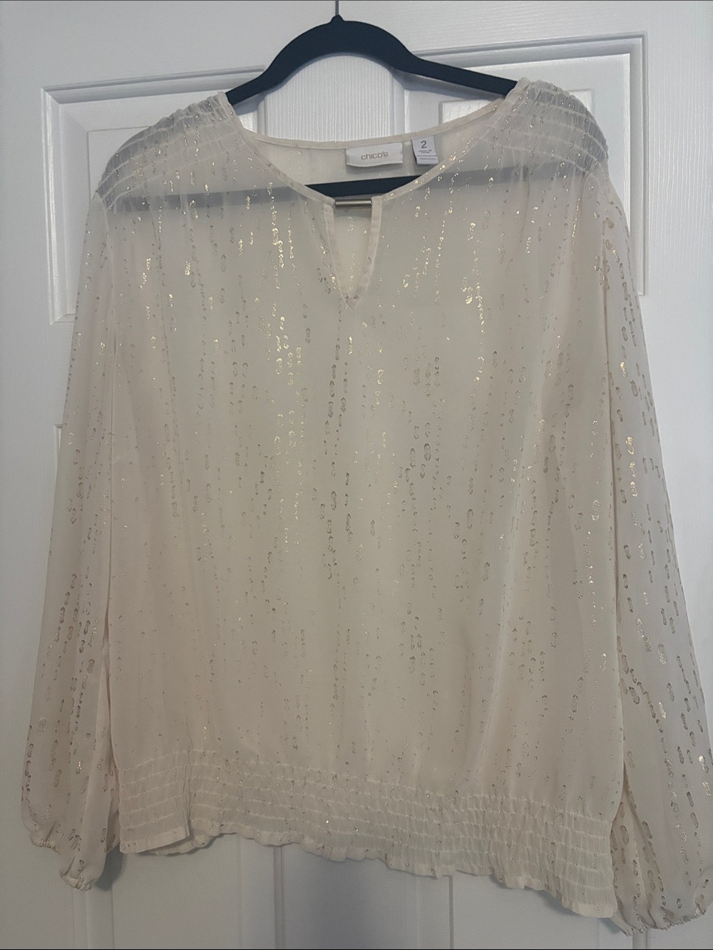 Chico's Cream Sequin Sheer Blouson Sleeve Top